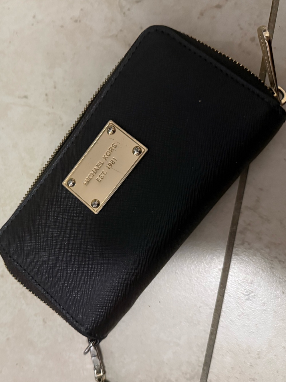 Michael Kors Black Zip-Around Wristlet with Gold Plate